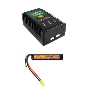 Carregador Compacto P/ Bateria Li-Po L1P1 - QGK + Bateria Airsoft Lipo 7.4V 1100mAh 20C