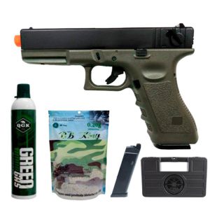 Pistola Airsoft GBB Glock R18 Verde Army + Magazine + Maleta + Cilindro + BBs